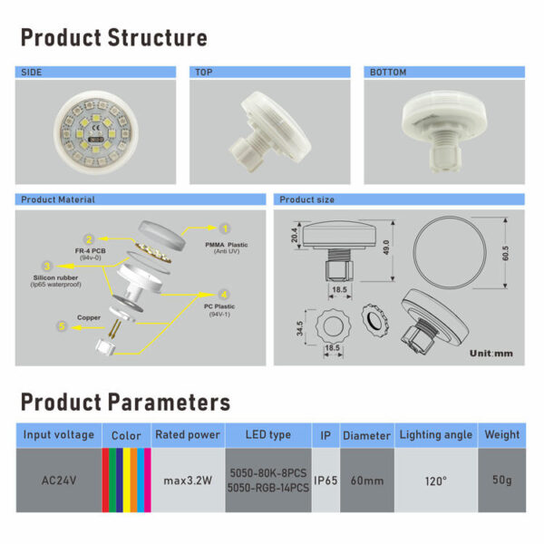 Rgb Single Point Light 24V 60Mm 360Degree Cabochon LED Light Decoration RGB LED Point Lights ...