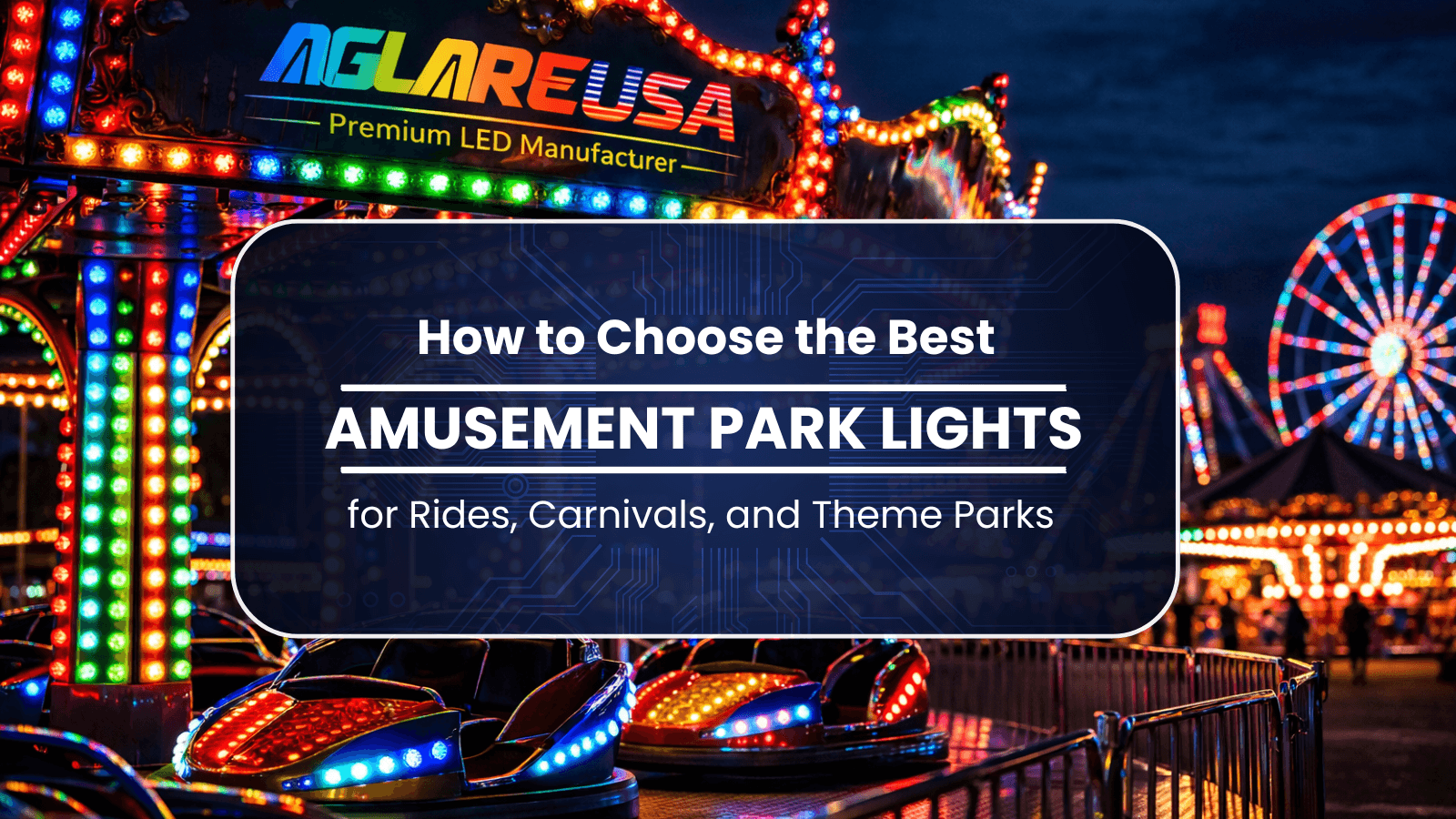Colorful LED amusement park lights on rides and carnival attractions at night