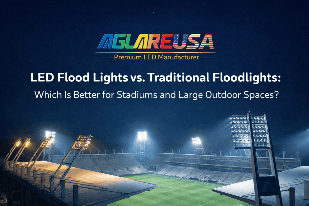 Stadium illuminated with LED flood lights for large outdoor sports lighting