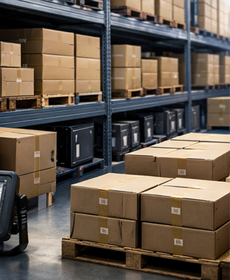 Warehouse inventory of boxed LED lighting products ready for distribution