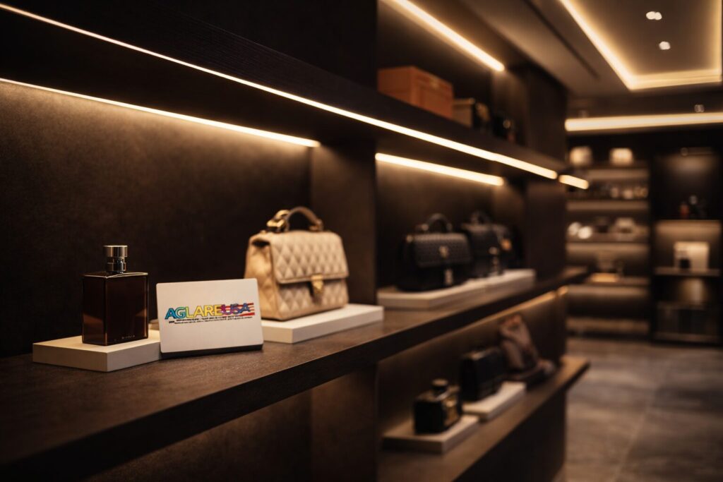 Warm-white LED strip lights illuminating luxury retail display shelves with architectural accent lighting