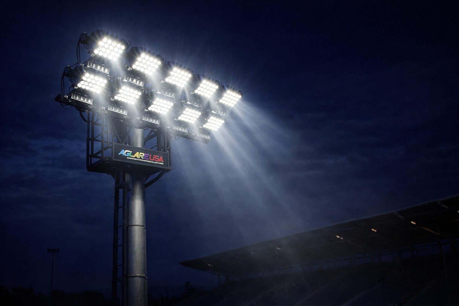 High-mast LED stadium flood lights casting bright white beams against a night sky at a sports venue